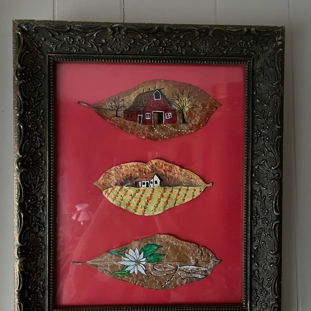 Framed Artwork with Three Hand-Painted Leaves: Barn, Farm, and Floral Dragonfly